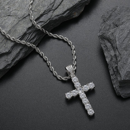 Diamond Cross Pendant Necklace in 925 Sterling Silver - Hip Hop Style