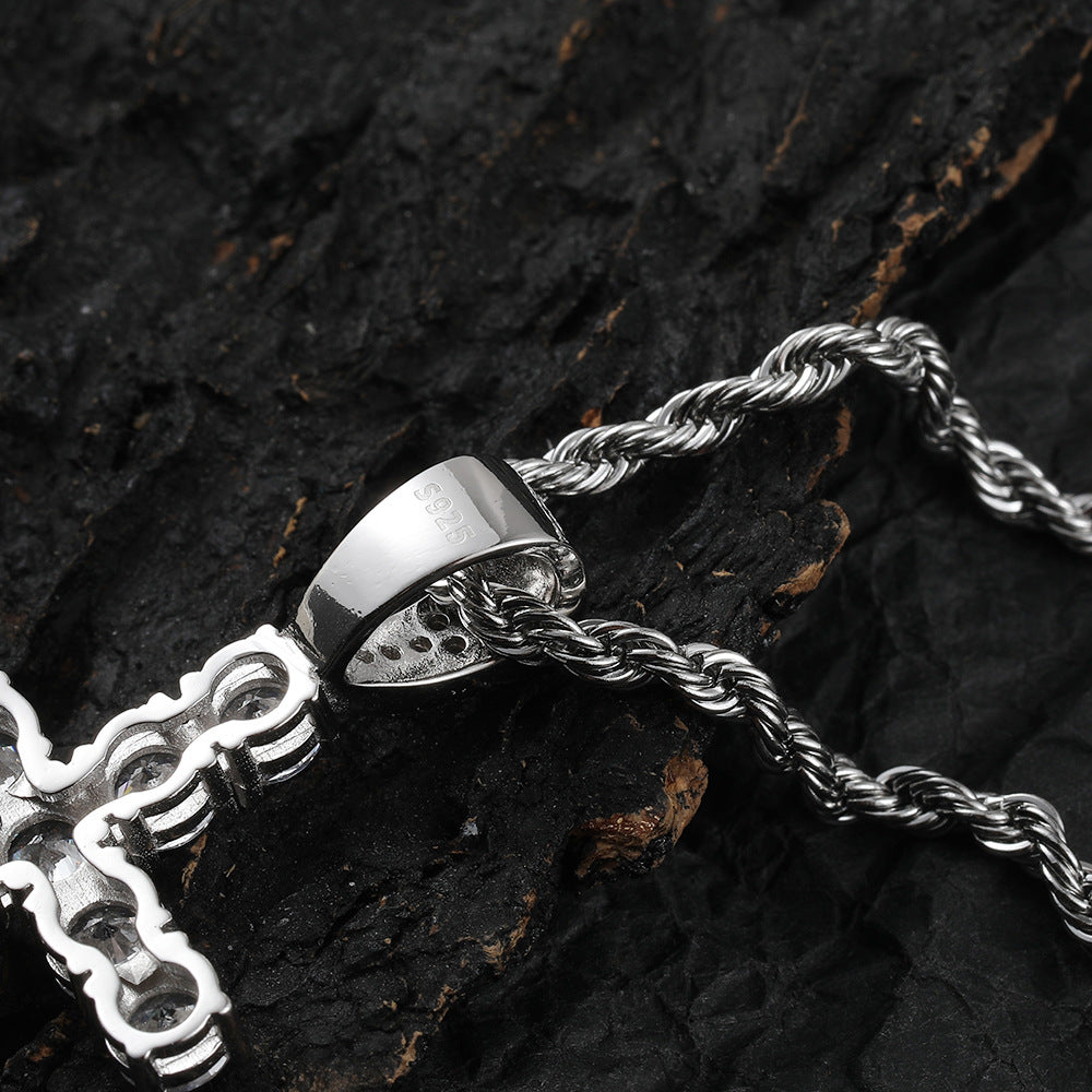 Diamond Cross Pendant Necklace in 925 Sterling Silver - Hip Hop Style