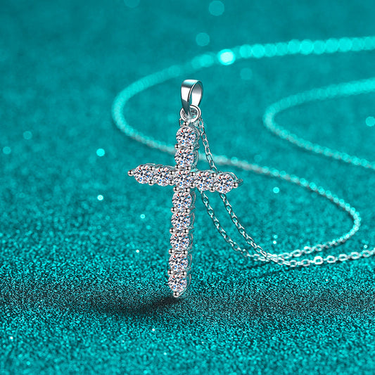 925 Sterling Silver Moissanite Cross Necklace - Ethnic Vintage Style