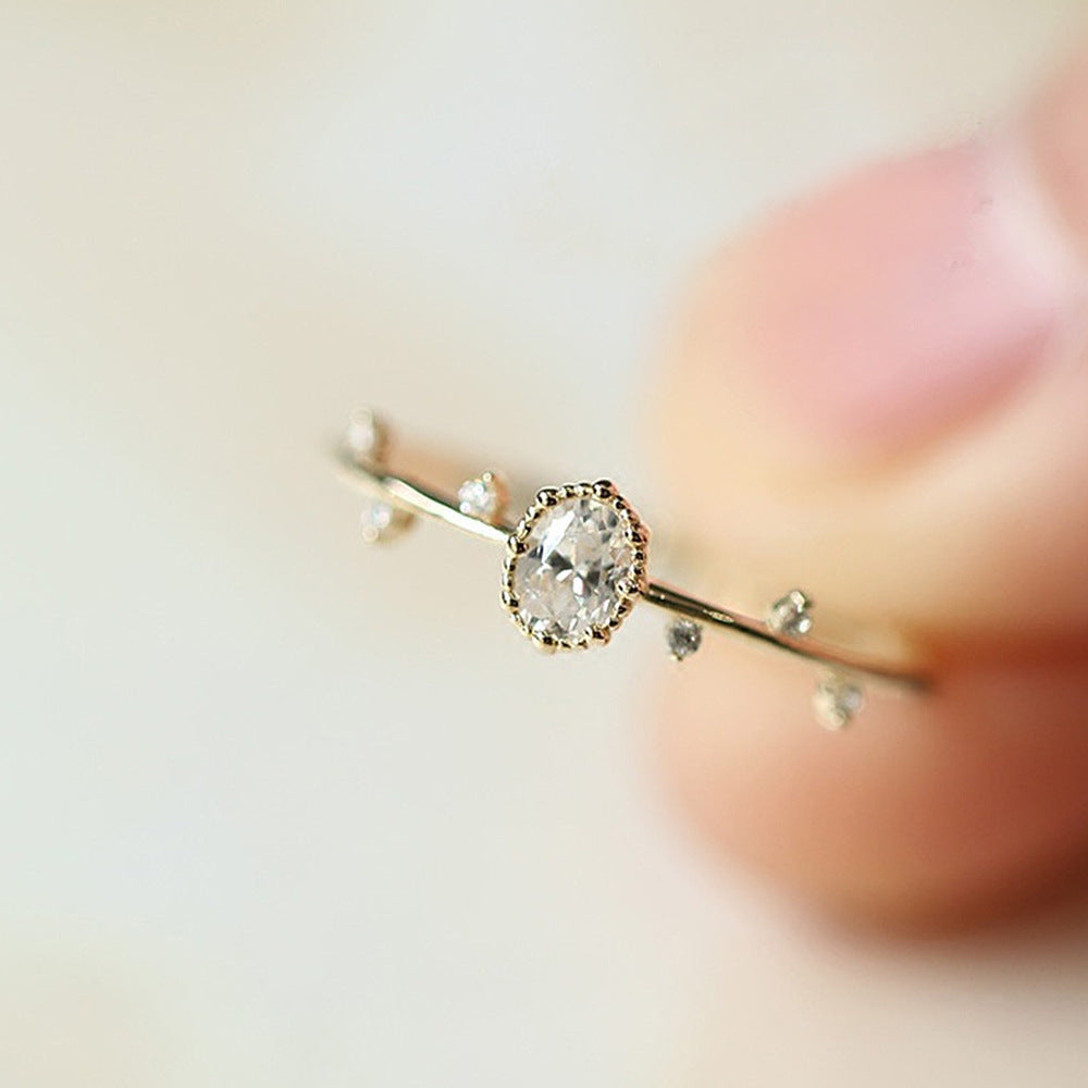 Ricady Jewel Minimalist Twig Ring - Dainty Oval Micro Pave Zircon