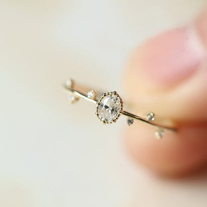 Ricady Jewel Minimalist Twig Ring - Dainty Oval Micro Pave Zircon