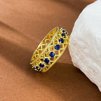 Blue Spinel Eternity Ring | S925 Silver Gold-Plated Wide Band Ins Style