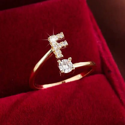 26 Letter Micro-Pave Zircon Ring for Women - 14K Gold Plated Copper Open Plain Band
