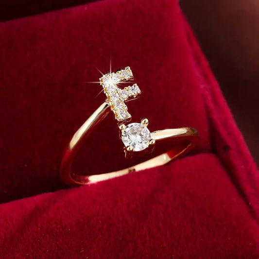 26 Letter Micro-Pave Zircon Ring for Women - 14K Gold Plated Copper Open Plain Band