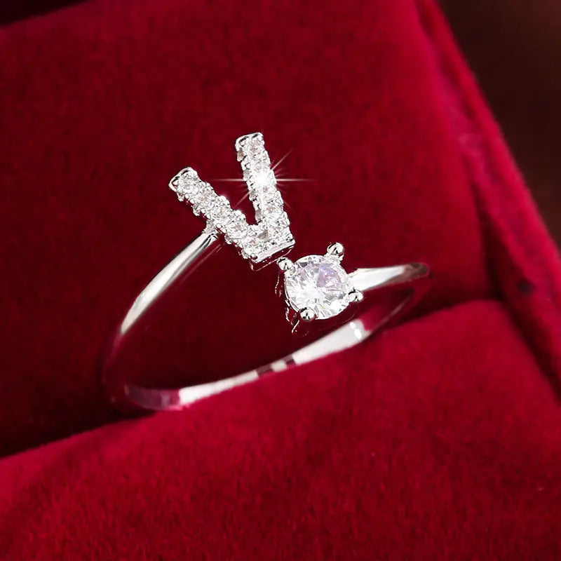 26 Letter Micro-Pave Zircon Ring for Women - 14K Gold Plated Copper Open Plain Band