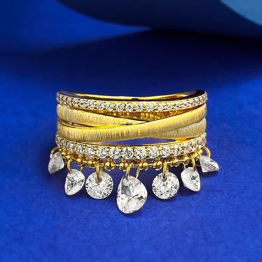 S925 Silver Gold-Plated Ring | Diamond Tassel Brushed Triple Band Glamorous Style