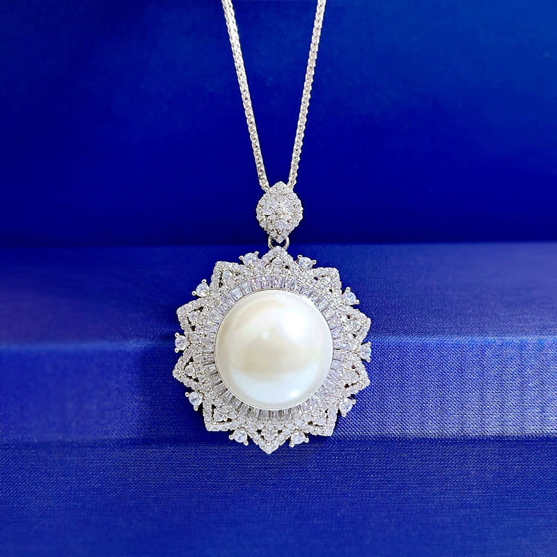 Ricady Jewel 16mm Shell Pearl Necklace - 8ct Pave Sunflower Pendant
