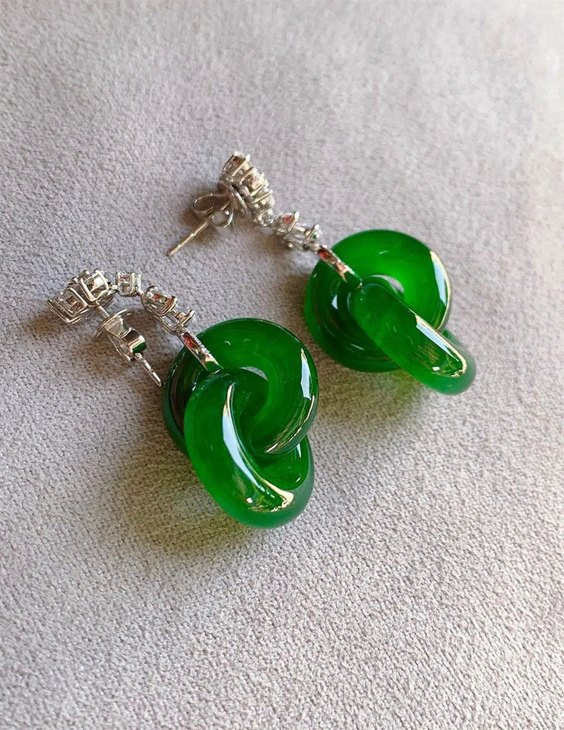 Vintage S925 Sterling Silver Natural Hetian Jade Bangle-Linked Stud Earrings | Peace Buckle Double Ring Jewelry