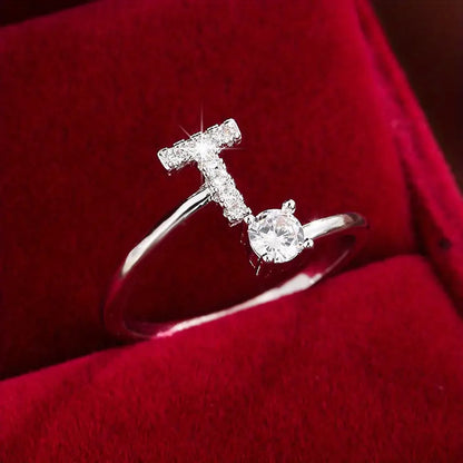 26 Letter Micro-Pave Zircon Ring for Women - 14K Gold Plated Copper Open Plain Band