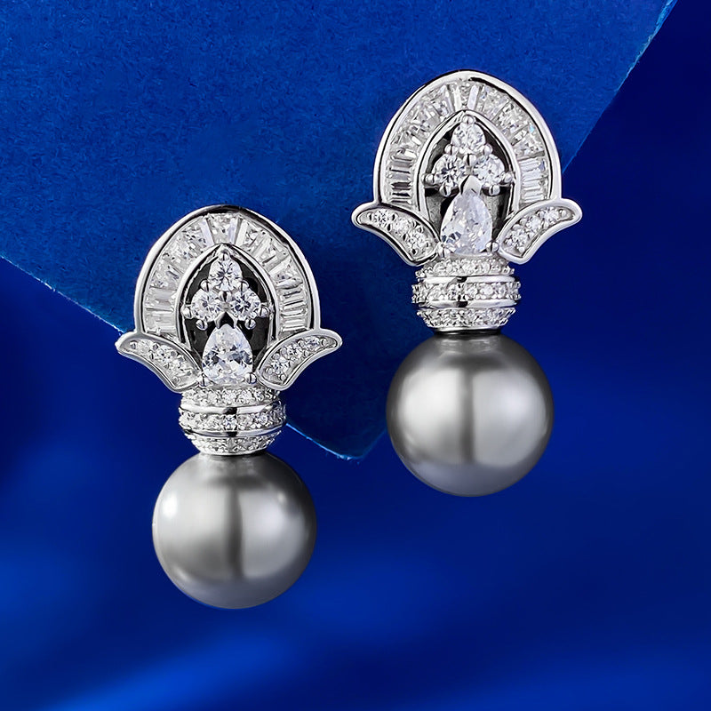Chic Vintage 925 Silver 11mm Gray Cultured Pearl Earrings