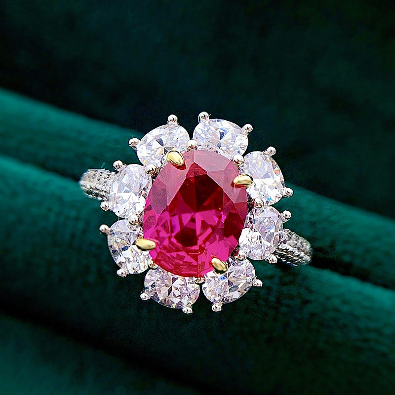 Sunflower Cut S925 Silver Ring | 2ct Egg-Shaped Red CZ, Cabochon Style