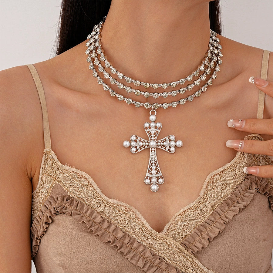 Layered Pearl Cross Necklace with Rhinestones - European Fashion
