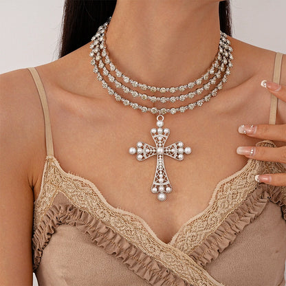 Layered Pearl Cross Necklace with Rhinestones - European Fashion