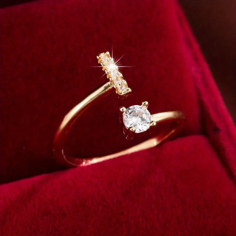 26 Letter Micro-Pave Zircon Ring for Women - 14K Gold Plated Copper Open Plain Band