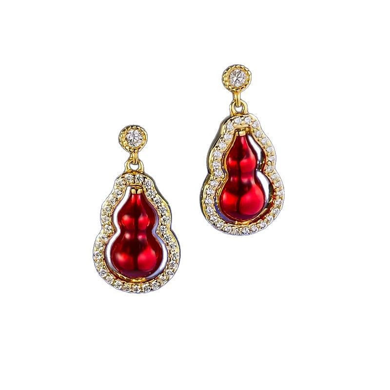 S925 Silver Red Gold Two-Tone Rotatable Double-Sided Gourd Earrings for Women | Luxury Retro Design
