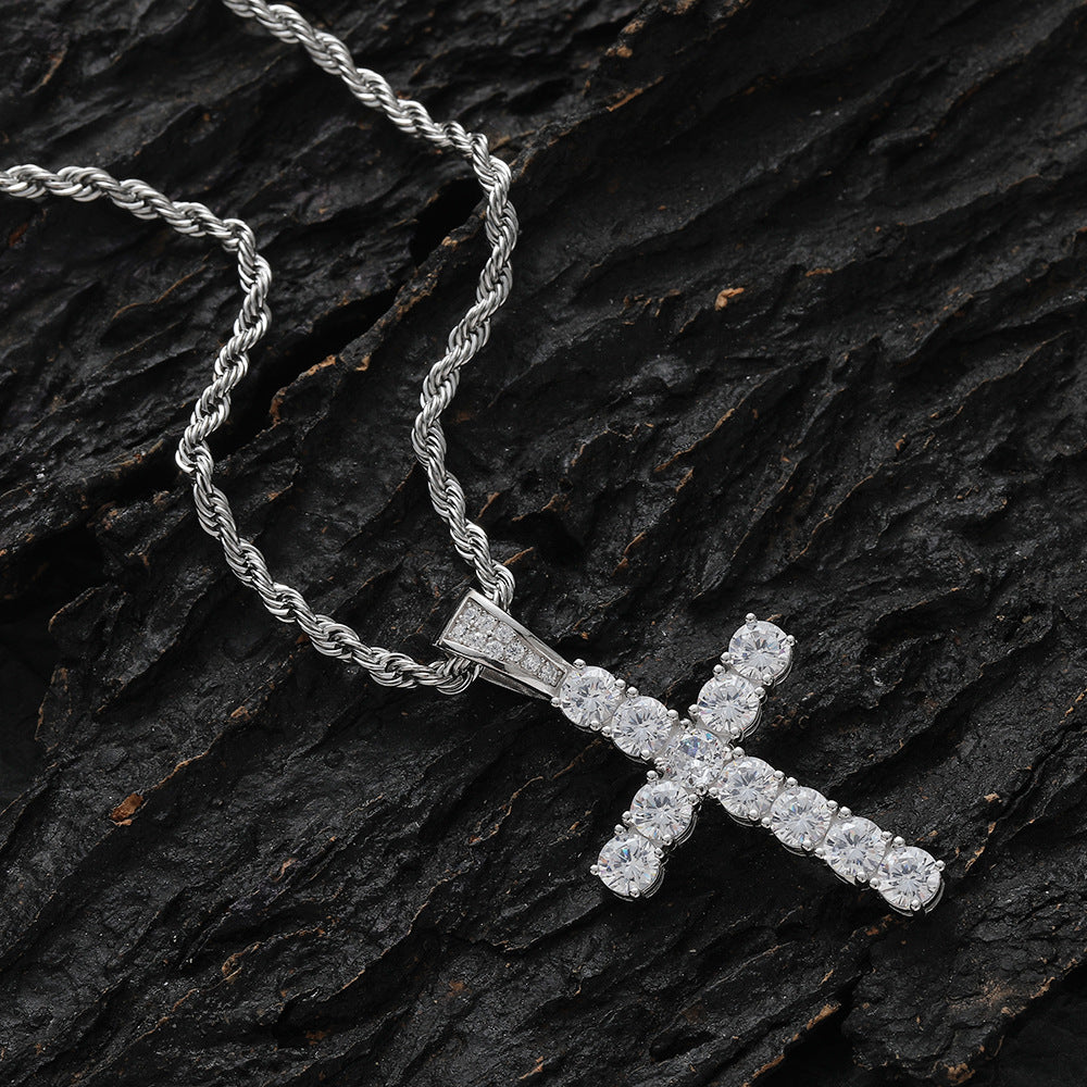 Diamond Cross Pendant Necklace in 925 Sterling Silver - Hip Hop Style
