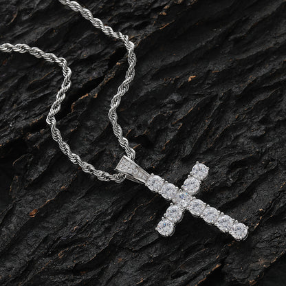 Diamond Cross Pendant Necklace in 925 Sterling Silver - Hip Hop Style