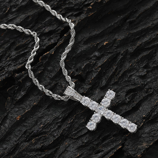 Diamond Cross Pendant Necklace in 925 Sterling Silver - Hip Hop Style