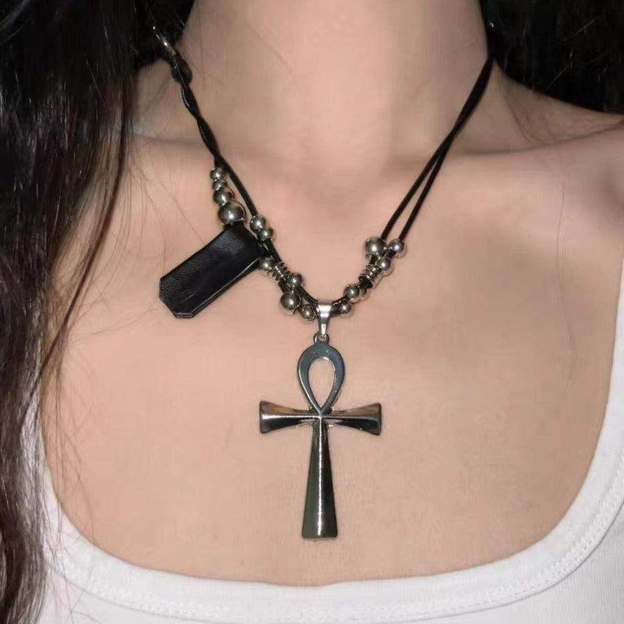 Punk Layered Cross Pendant Necklace - Dark Edgy Style