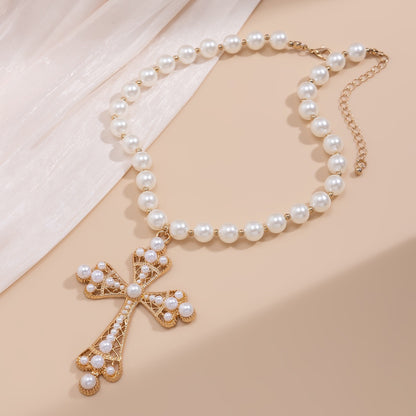 Faux Pearl Cross Pendant Necklace - European Style