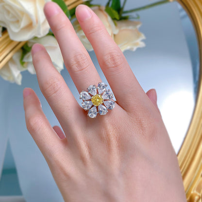 Cluster Wedding Ring | S925 Silver 6*6 Yellow Diamond Imported High Carbon Diamond