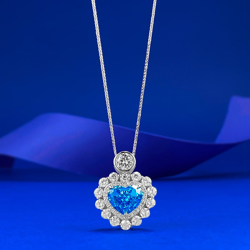 S925 Silver Quiet Heart Created Aquamarine Love Pendant Necklace