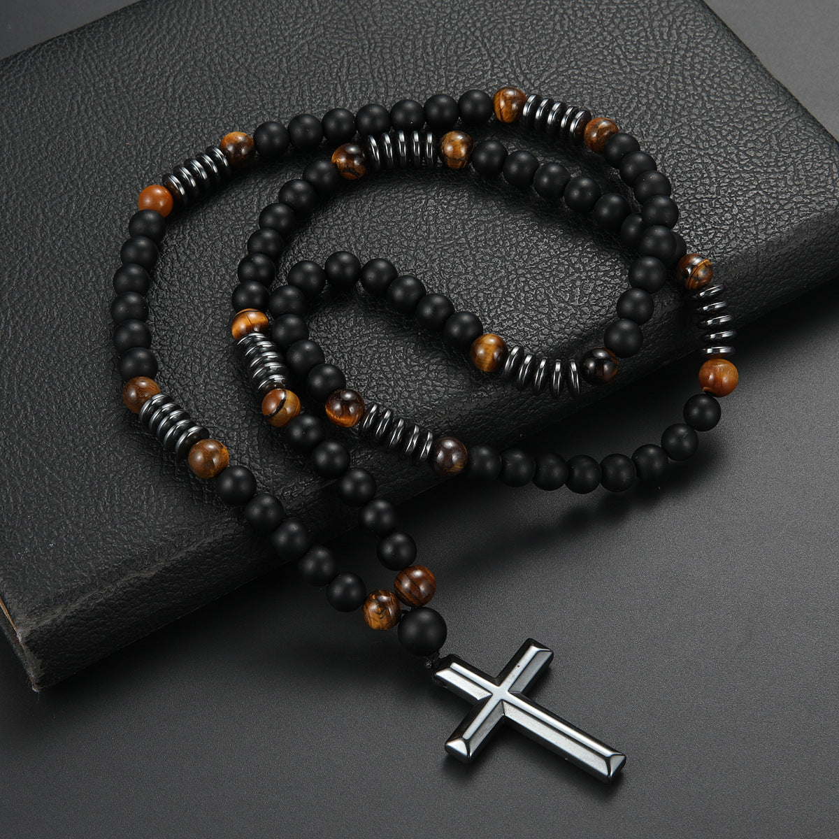 Natural Stone Bead Cross Pendant Necklace - Vintage Artisan Design