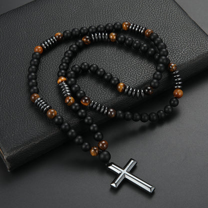 Natural Stone Bead Cross Pendant Necklace - Vintage Artisan Design
