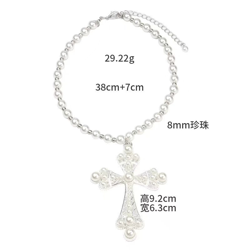 Faux Pearl Cross Pendant Necklace - European Style