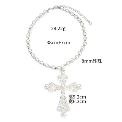 Faux Pearl Cross Pendant Necklace - European Style