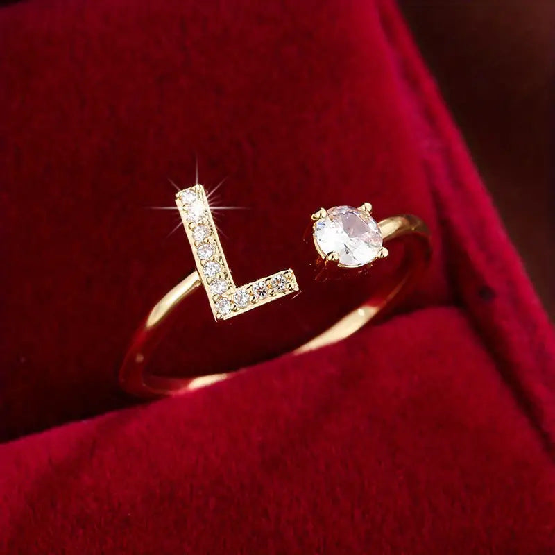 26 Letter Micro-Pave Zircon Ring for Women - 14K Gold Plated Copper Open Plain Band