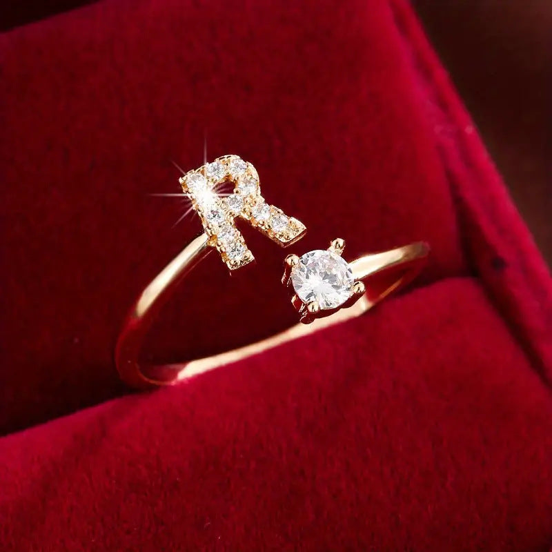 26 Letter Micro-Pave Zircon Ring for Women - 14K Gold Plated Copper Open Plain Band