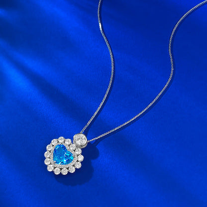S925 Silver Quiet Heart Created Aquamarine Love Pendant Necklace