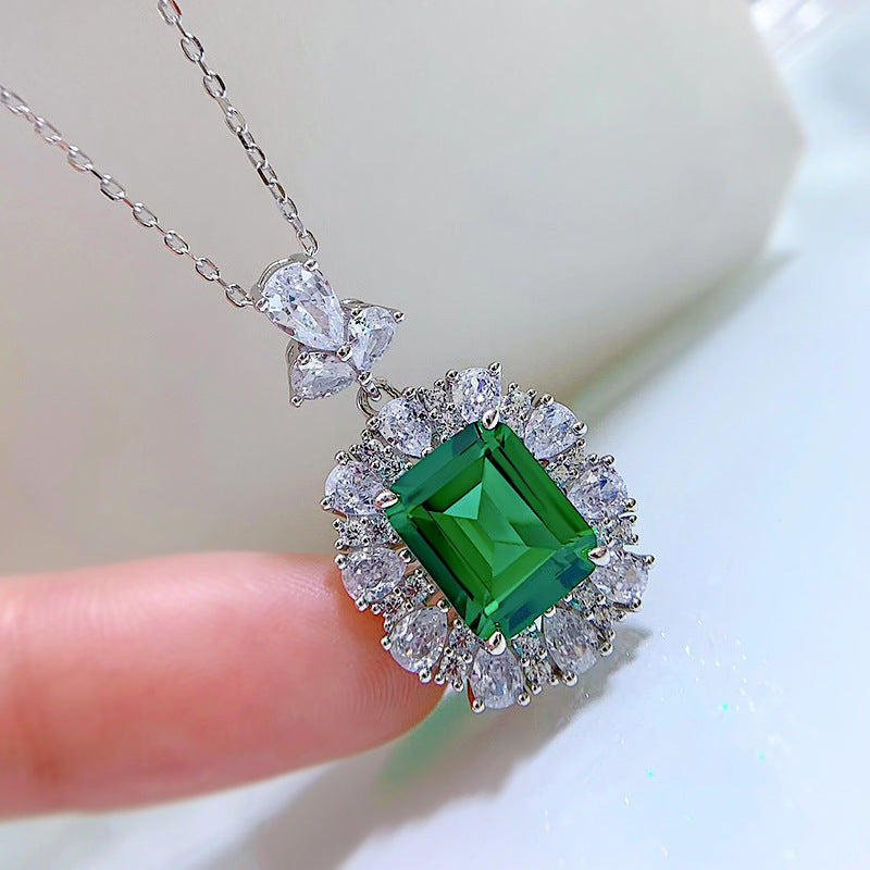 925 Sterling Silver Necklace for Women, Retro Style, 4CT Nano Green Stone Pendant (9*11mm)