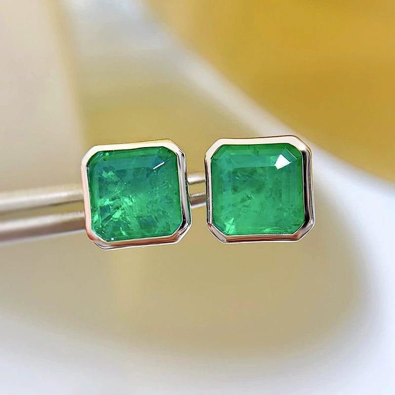 3CT Simulated Emerald Stud Earrings for Women, Silver Edge Setting