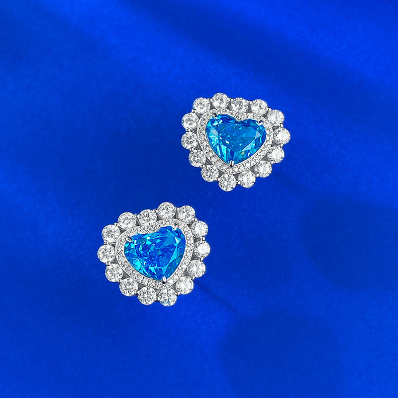 S925 Silver Heart Earrings, Micro-Inlaid Aquamarine & High Carbon Diamond