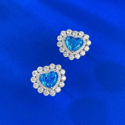 S925 Silver Heart Earrings, Micro-Inlaid Aquamarine & High Carbon Diamond