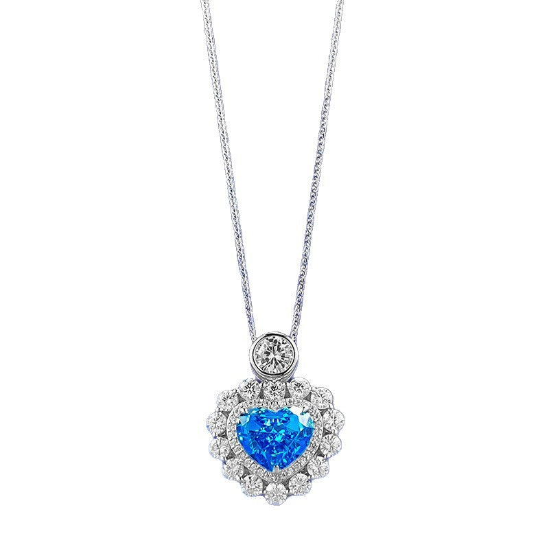 S925 Silver Quiet Heart Created Aquamarine Love Pendant Necklace