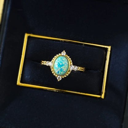 S925 Sterling Silver Gold-Plated Opal Ring | Dreamy Blue, Royal Court Style