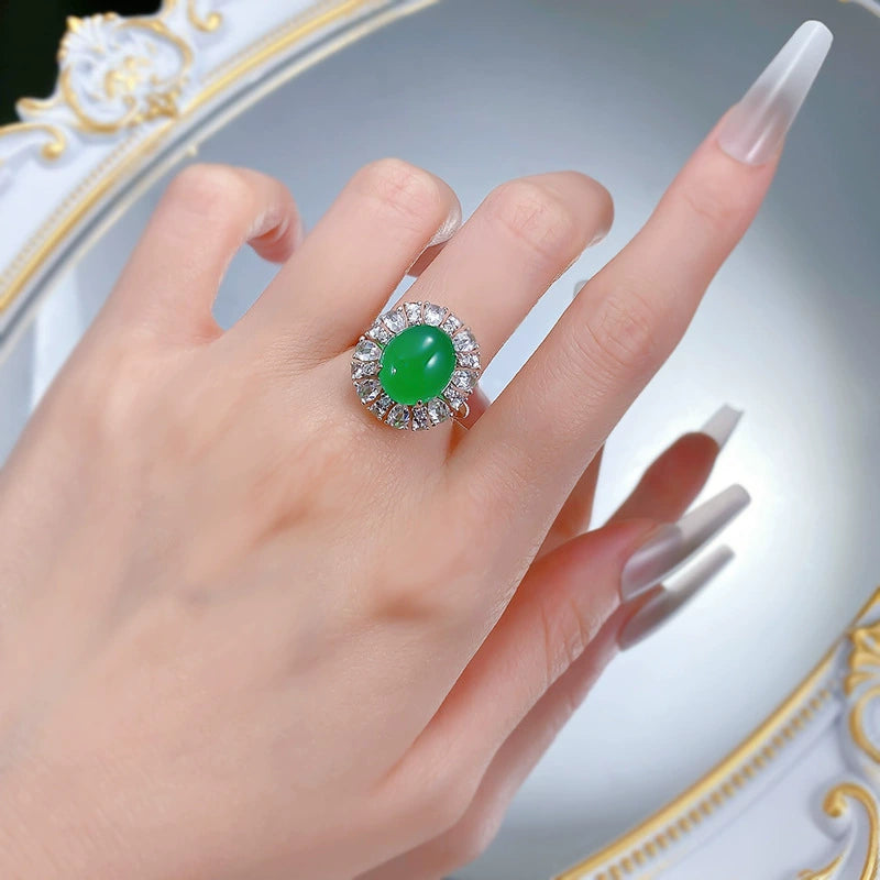 925 Silver Plated 10*12mm Green Chalcedony Cabochon Ring - Elegant Style
