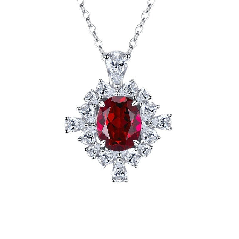 925 Sterling Silver Pigeon Blood Ruby Necklace - 8x10mm Oval Halo, Vintage Style