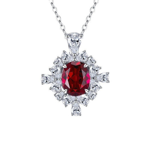 925 Sterling Silver Pigeon Blood Ruby Necklace - 8x10mm Oval Halo, Vintage Style