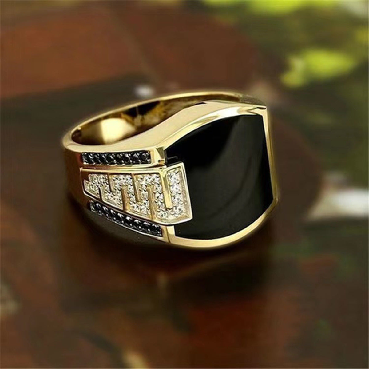 Hip-Hop Style Men's Black Diamond Ring – Enamel & Cubic Zirconia Statement Jewelry for Men