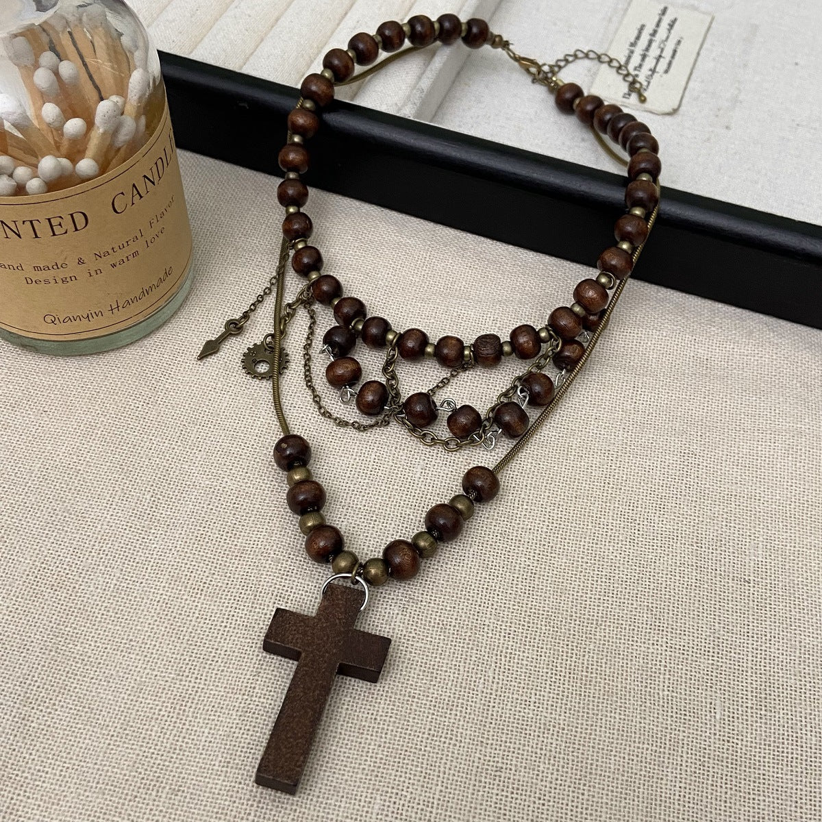 Wasteland Tribal Beaded Cross Necklace - Punk Layered Design