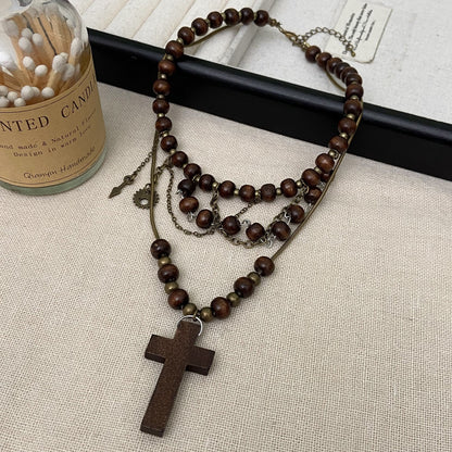Wasteland Tribal Beaded Cross Necklace - Punk Layered Design