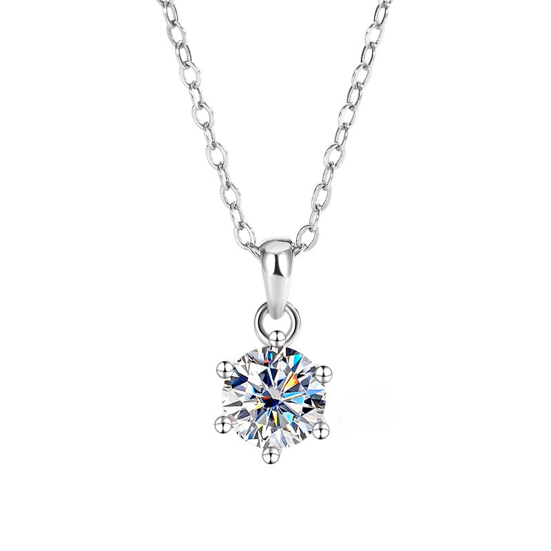 Carat Moissanite 6-Prong Pendant Necklace - 925 Sterling Silver Simulated Diamond Clavicle Chain for Women