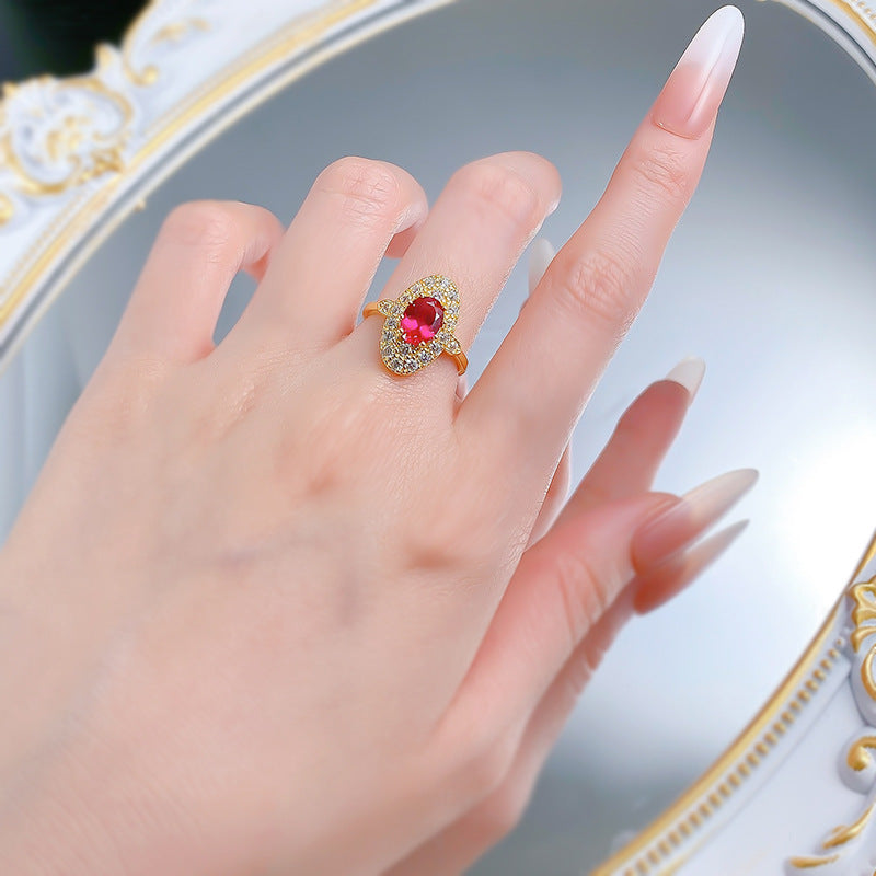 Luxury Vintage Court Style 925 Silver Ring | 6*8mm Oval Red CZ