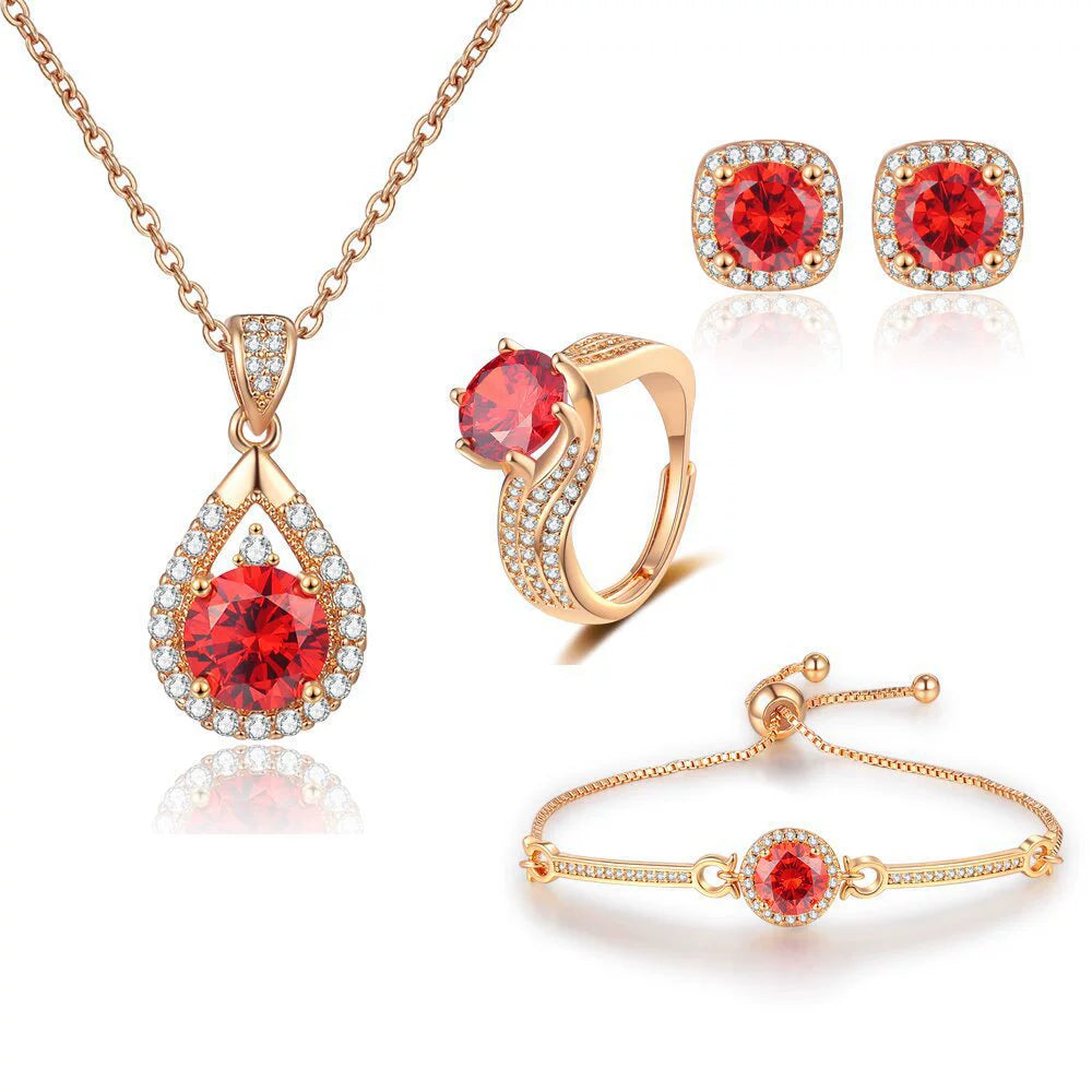 Pomegranate Red 8 Hearts 8 Arrows Champagne Gold 4-Piece Jewelry Set (Ring, Earrings, Necklace, Bracelet)
