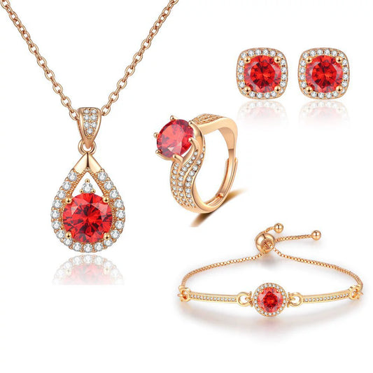 Pomegranate Red 8 Hearts 8 Arrows Champagne Gold 4-Piece Jewelry Set (Ring, Earrings, Necklace, Bracelet)