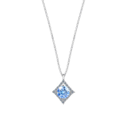 S925 Silver Sapphire Rhombus Moissanite Pendant Necklace - Elegant Clavicle Chain